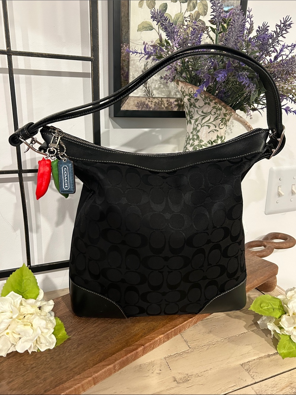 Coach Black Signature Jacquard Shoulder Bag with Red Charm
